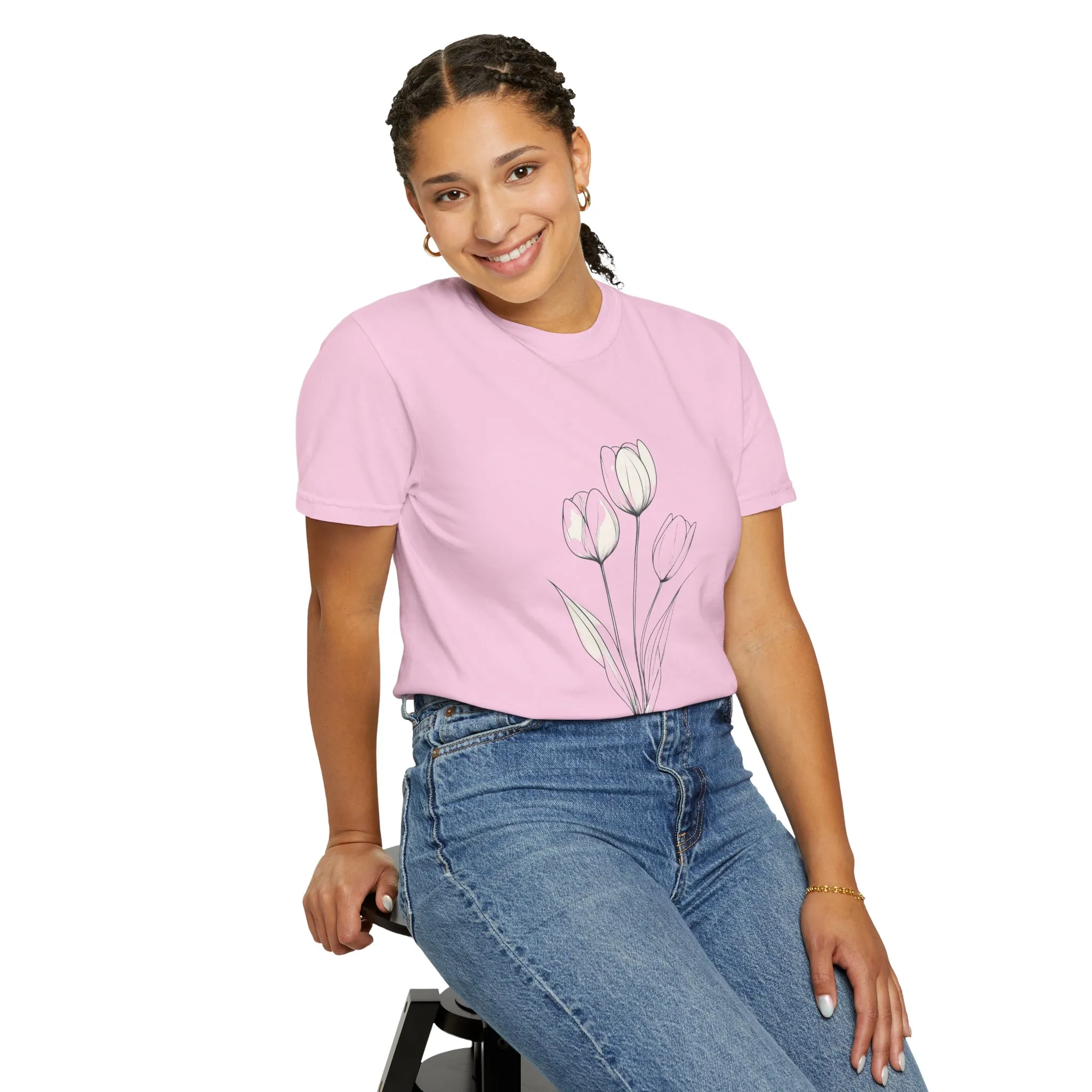 Floral Outline Unisex Garment-Dyed T-Shirt – Soft & Stylish Everyday Tee - Image 4