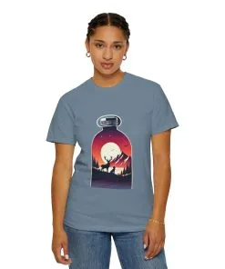 Adventure mountain t-shirt with deer and nature print, eco-friendly outdoor t-shirt, scenic wildlife graphic tee, unisex nature lover’s t-shirt.