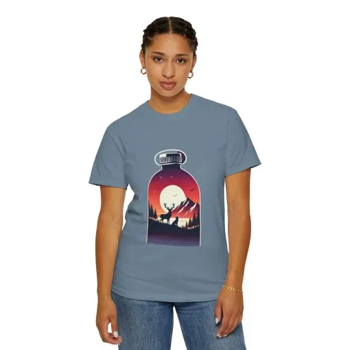 Adventure mountain t-shirt with deer and nature print, eco-friendly outdoor t-shirt, scenic wildlife graphic tee, unisex nature lover’s t-shirt.