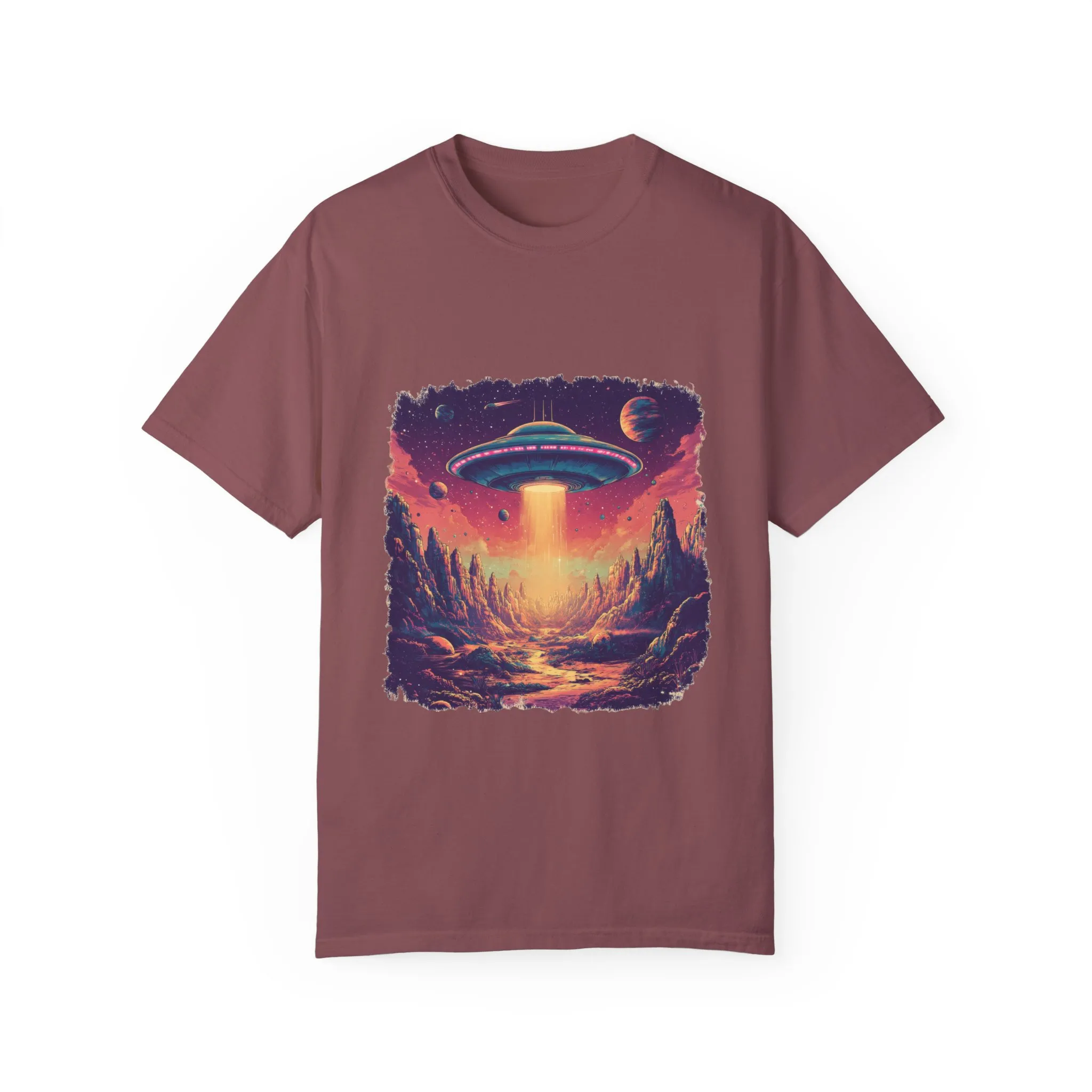 Galactic Adventure Unisex T-Shirt - UFO and Cosmic Landscape Design - Image 9