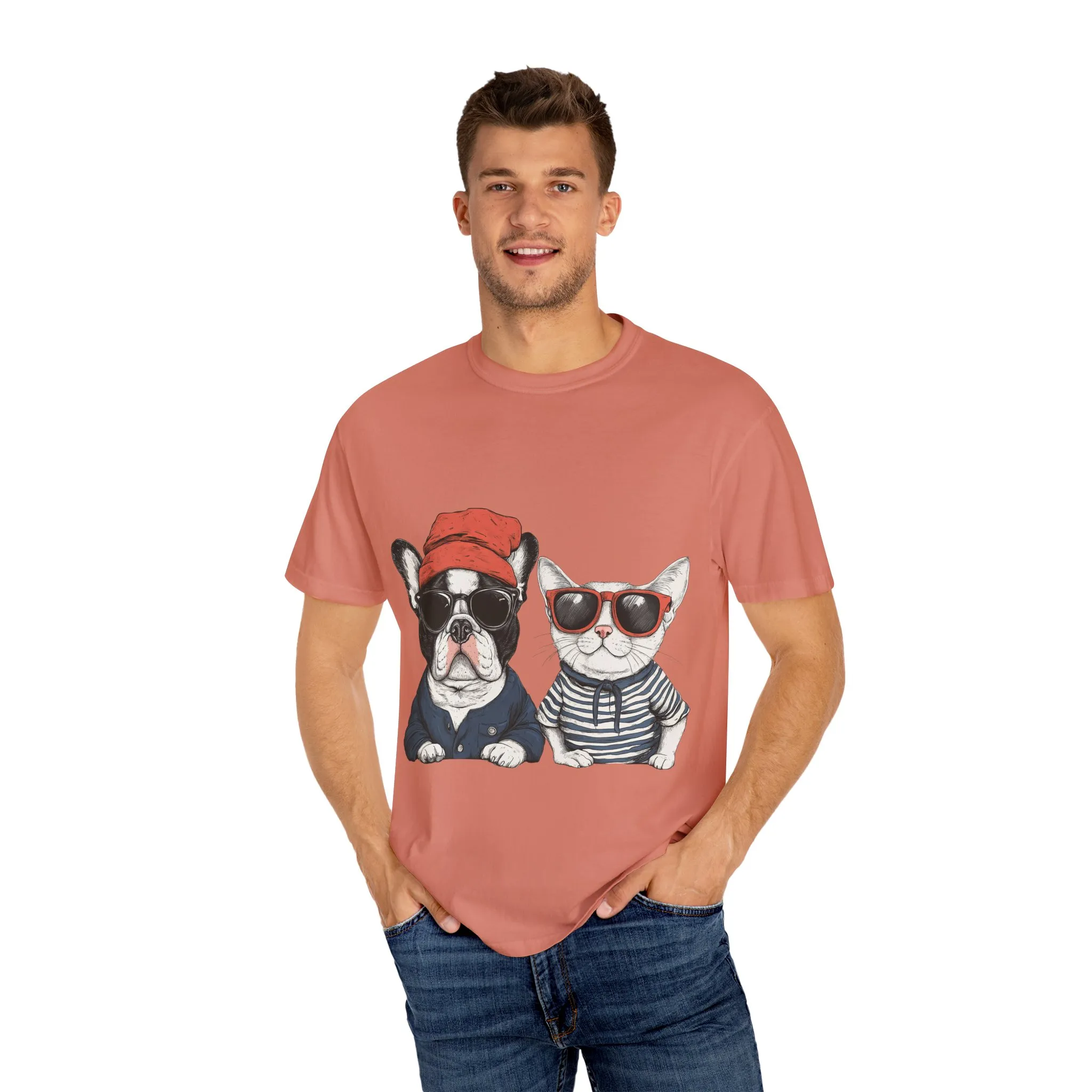 Trendy French Bulldog & Cat T-Shirt, Unisex Vintage Graphic Tee with Cool Sunglasses Design - Image 7