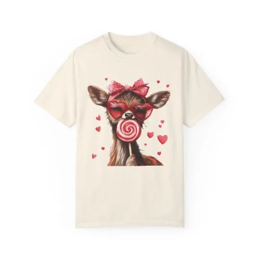 Cute Valentine’s Day Deer T-Shirt - Garment-Dyed Unisex Tee with Heart Design - Image 5