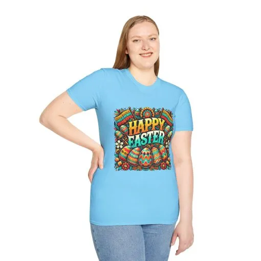 Happy Easter Unisex Softstyle T-Shirt - Colorful Easter Egg Design - Image 39