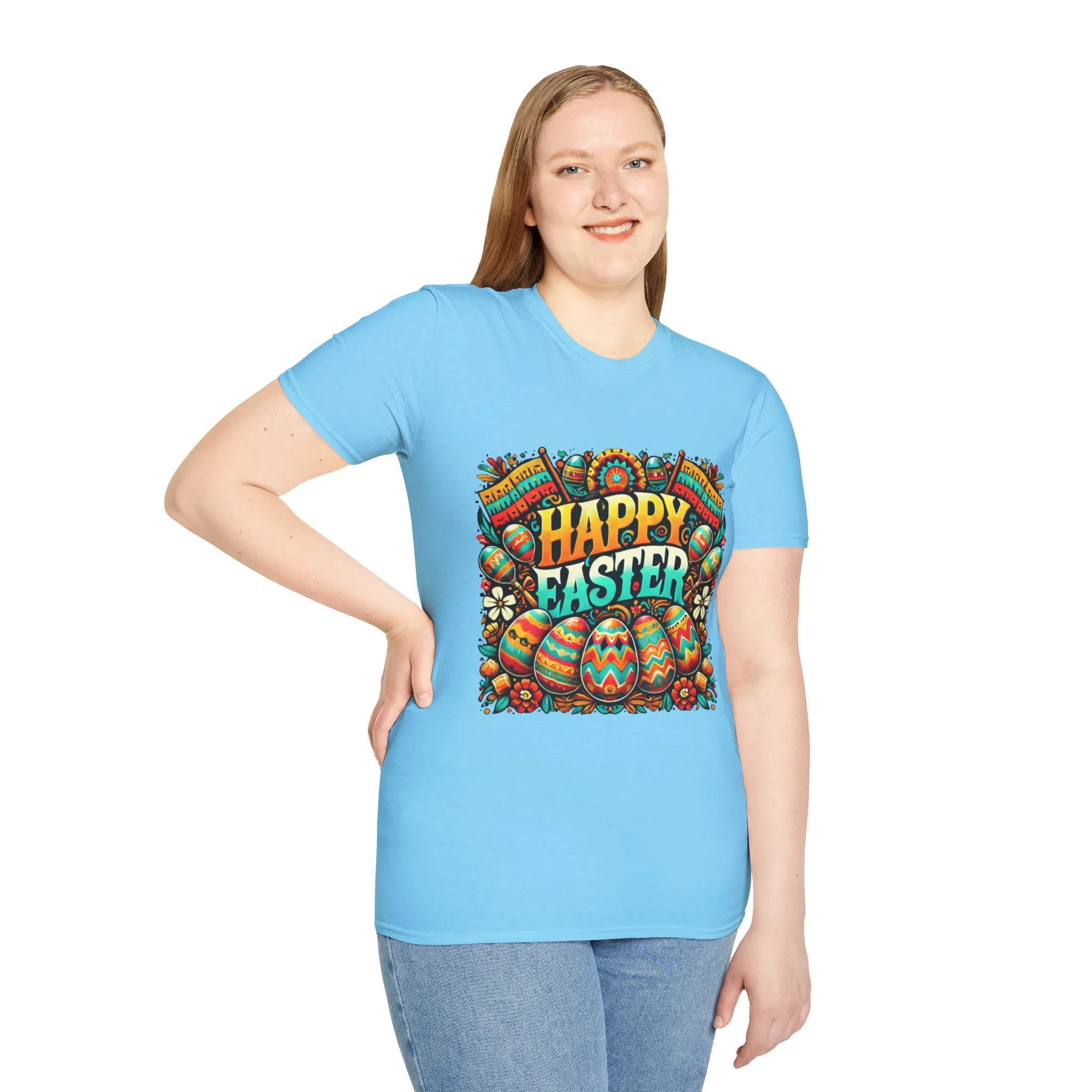 Happy Easter Unisex Softstyle T-Shirt - Colorful Easter Egg Design - Image 39