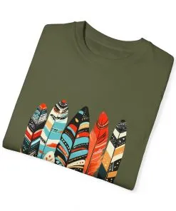 Colorful feather t-shirt with bohemian feather print, artistic tribal feather design tee, unisex boho chic feather graphic t-shirt on white fabric.