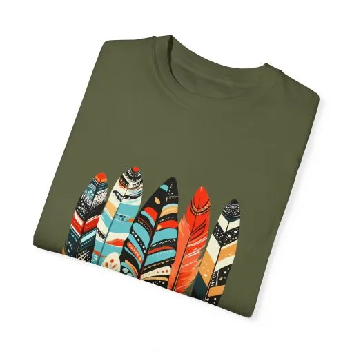 Colorful feather t-shirt with bohemian feather print, artistic tribal feather design tee, unisex boho chic feather graphic t-shirt on white fabric.