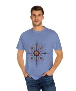 Boho chic nature t-shirt with geometric tribal design, artistic mandala print tee, unisex garment-dyed earthy tone t-shirt, bohemian festival fashion t-shirt.