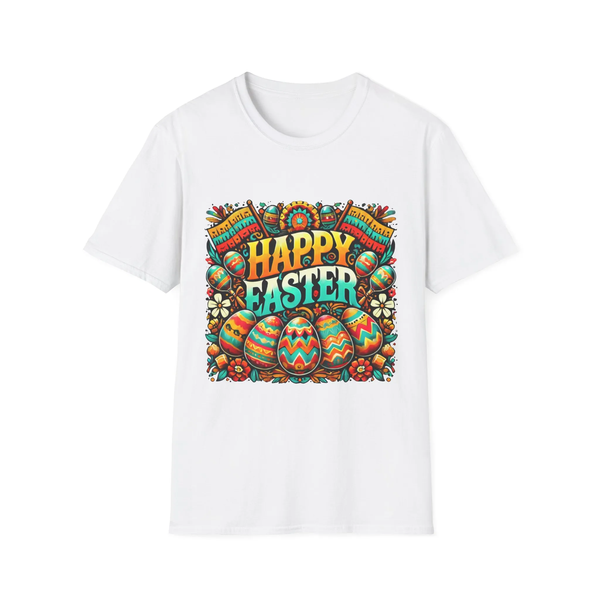 Happy Easter Unisex Softstyle T-Shirt - Colorful Easter Egg Design - Image 6