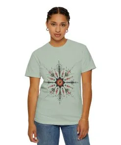 Boho chic nature t-shirt with geometric tribal design, artistic mandala print tee, unisex garment-dyed earthy tone t-shirt, bohemian festival fashion t-shirt.