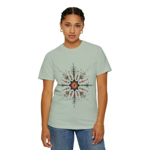Boho chic nature t-shirt with geometric tribal design, artistic mandala print tee, unisex garment-dyed earthy tone t-shirt, bohemian festival fashion t-shirt.