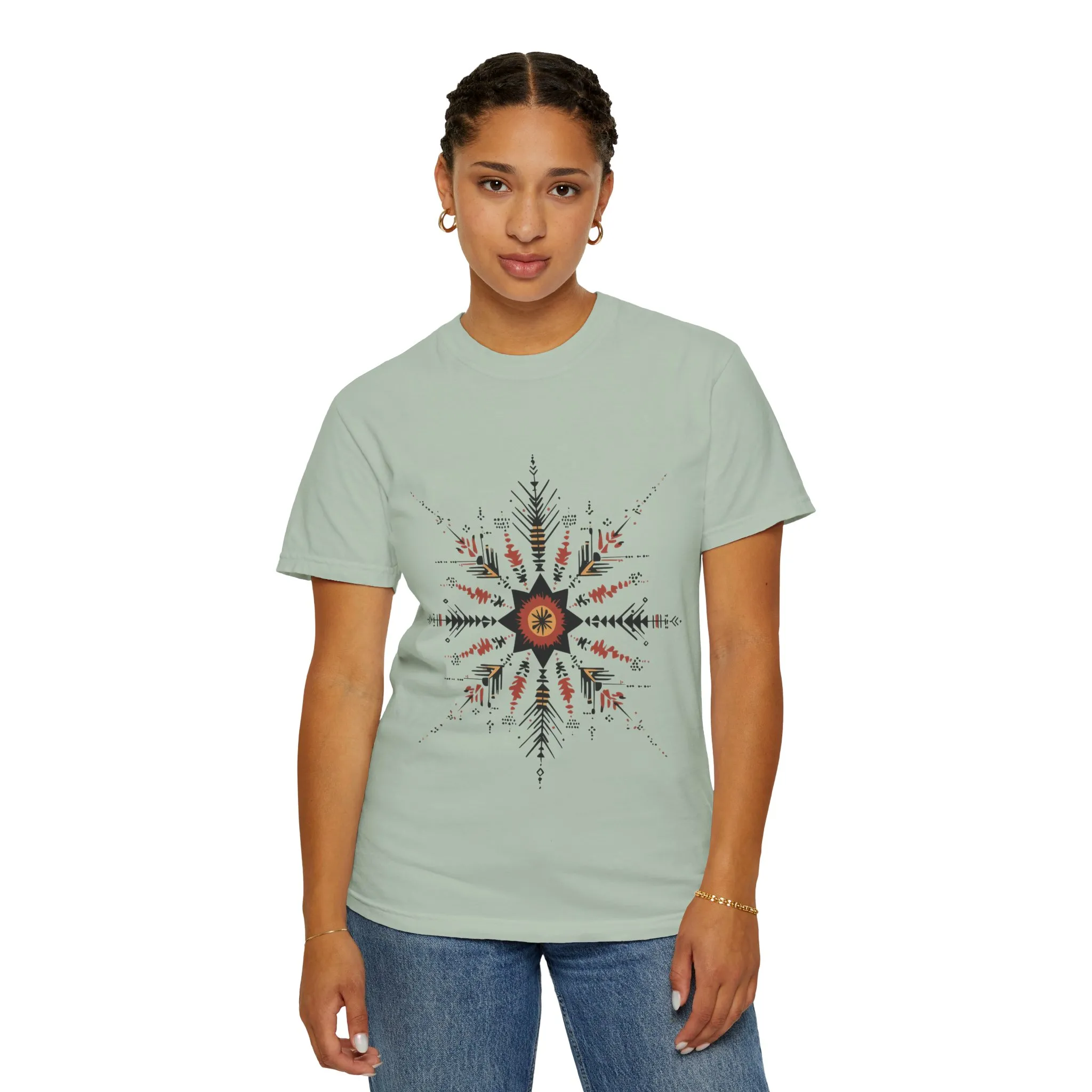 Boho chic nature t-shirt with geometric tribal design, artistic mandala print tee, unisex garment-dyed earthy tone t-shirt, bohemian festival fashion t-shirt.