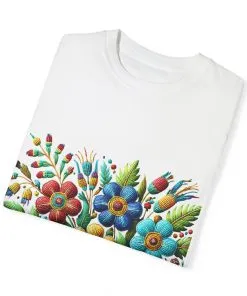 Colorful floral t-shirt with artistic flower print, vibrant unisex garment-dyed tee, bohemian botanical design t-shirt, handmade style floral print tee on light blue fabric.