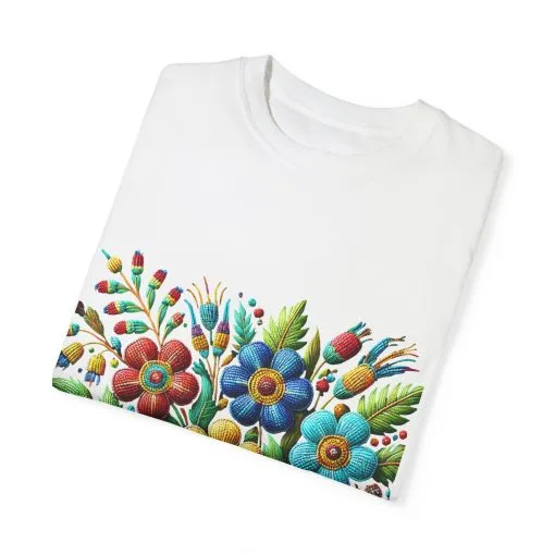 Colorful floral t-shirt with artistic flower print, vibrant unisex garment-dyed tee, bohemian botanical design t-shirt, handmade style floral print tee on light blue fabric.