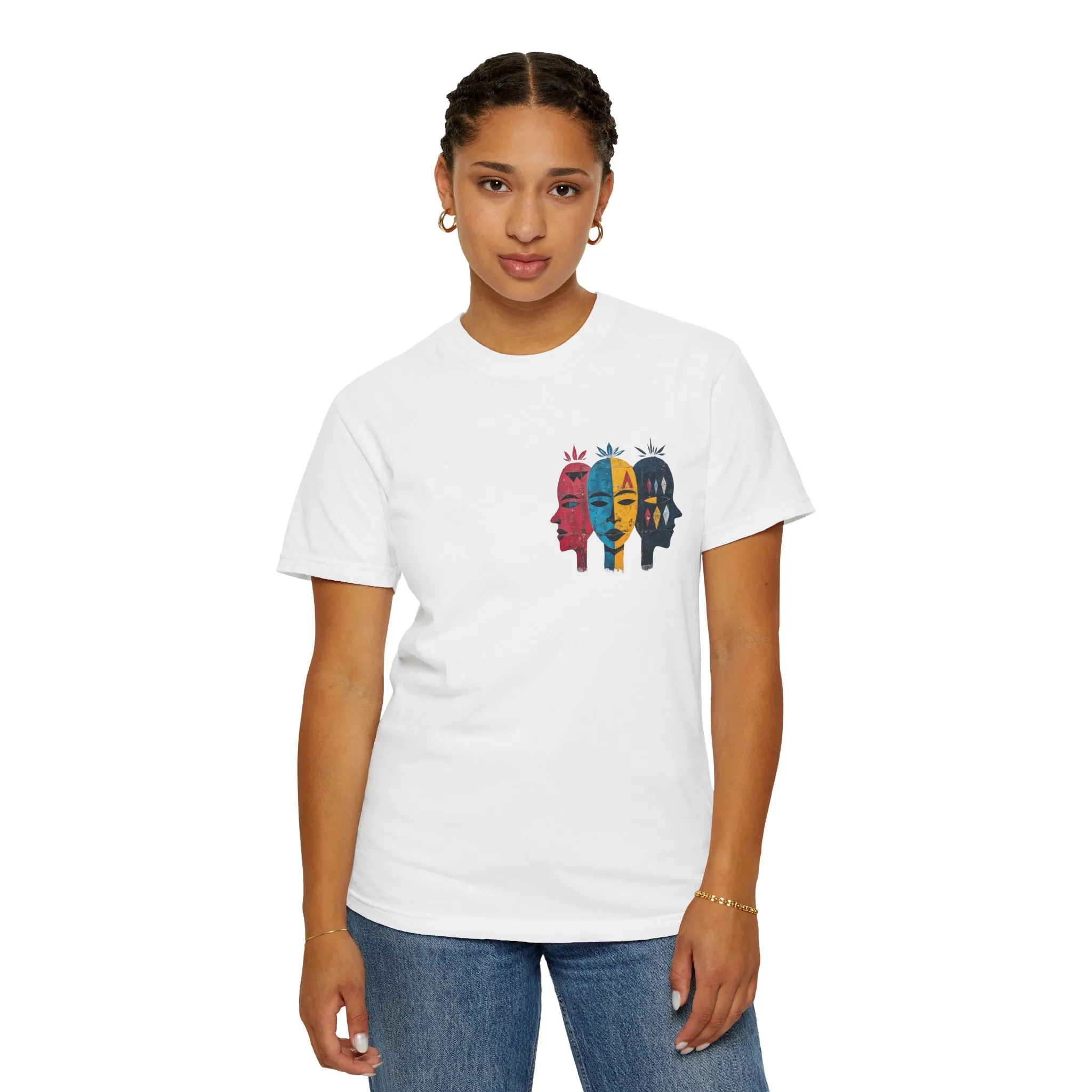 Vibrant Unisex Garment-Dyed T-Shirt with African Masks Design