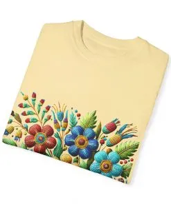 Colorful floral t-shirt with artistic flower print, vibrant unisex garment-dyed tee, bohemian botanical design t-shirt, handmade style floral print tee on light blue fabric.