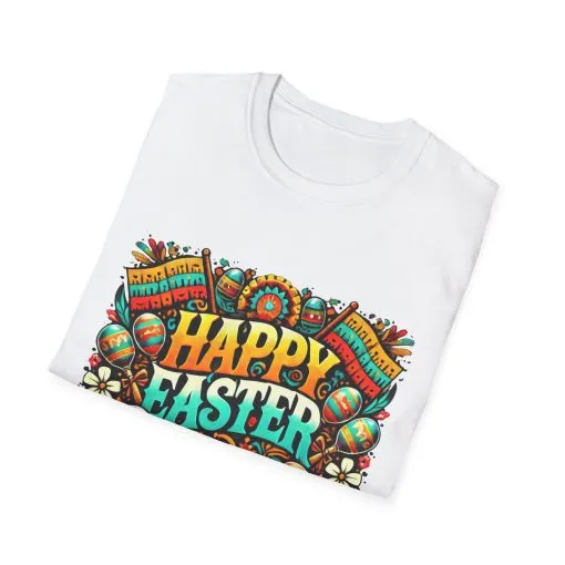 Happy Easter Unisex Softstyle T-Shirt - Colorful Easter Egg Design - Image 8