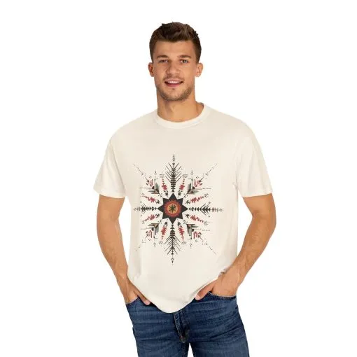 Boho chic nature t-shirt with geometric tribal design, artistic mandala print tee, unisex garment-dyed earthy tone t-shirt, bohemian festival fashion t-shirt.