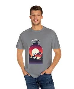 Adventure mountain t-shirt with deer and nature print, eco-friendly outdoor t-shirt, scenic wildlife graphic tee, unisex nature lover’s t-shirt.