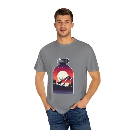 Adventure mountain t-shirt with deer and nature print, eco-friendly outdoor t-shirt, scenic wildlife graphic tee, unisex nature lover’s t-shirt.