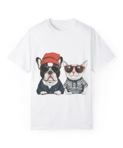Trendy French Bulldog & Cat T-Shirt | Unisex Vintage Graphic Tee with Cool Sunglasses Design