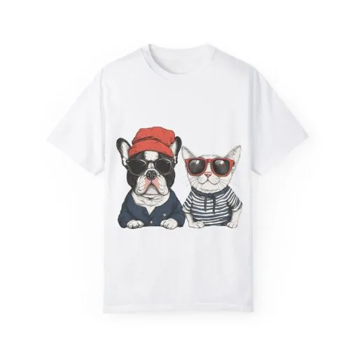 Trendy French Bulldog & Cat T-Shirt | Unisex Vintage Graphic Tee with Cool Sunglasses Design