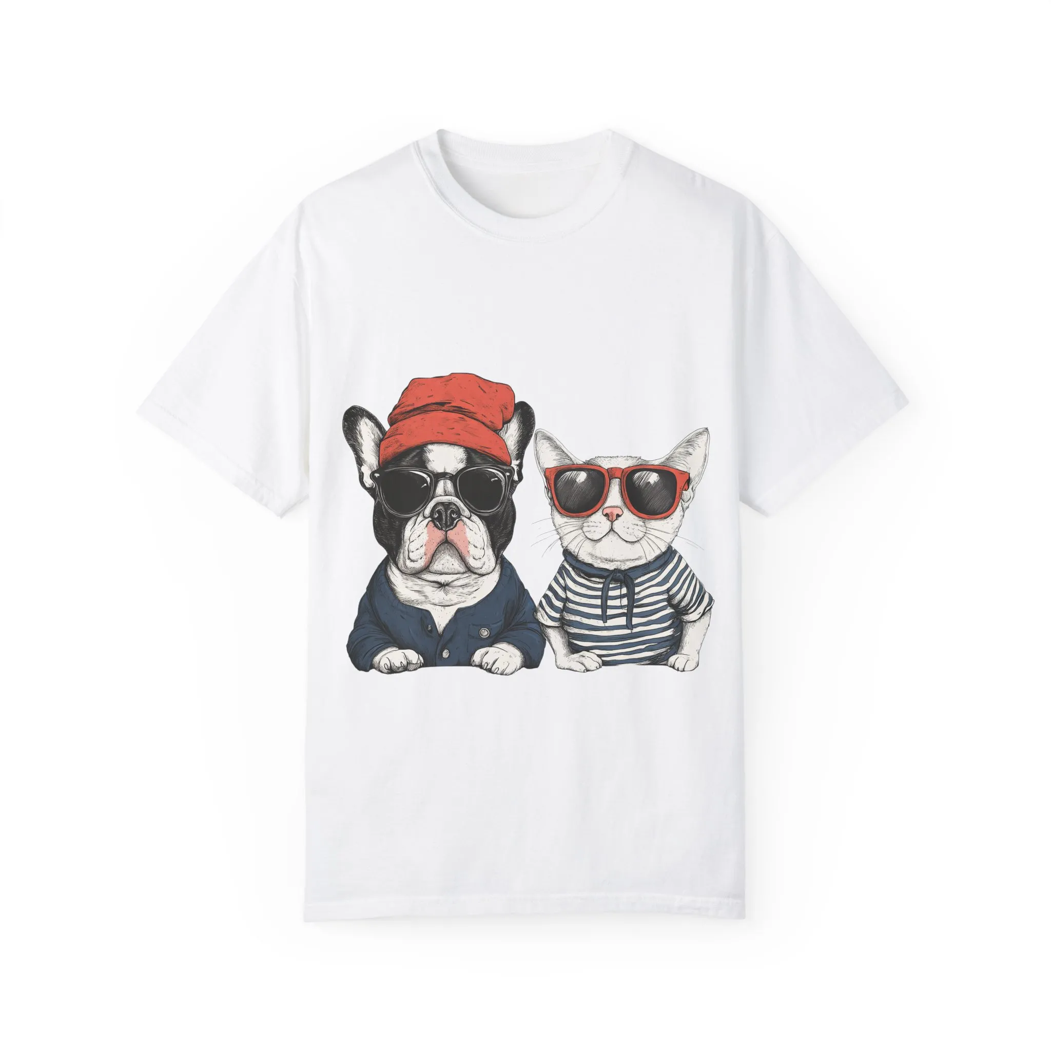 Trendy French Bulldog & Cat T-Shirt, Unisex Vintage Graphic Tee with Cool Sunglasses Design