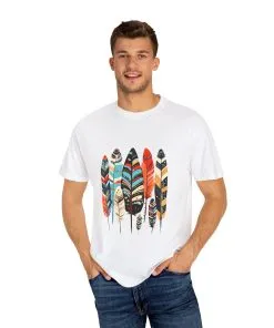 Colorful feather t-shirt with bohemian feather print, artistic tribal feather design tee, unisex boho chic feather graphic t-shirt on white fabric.