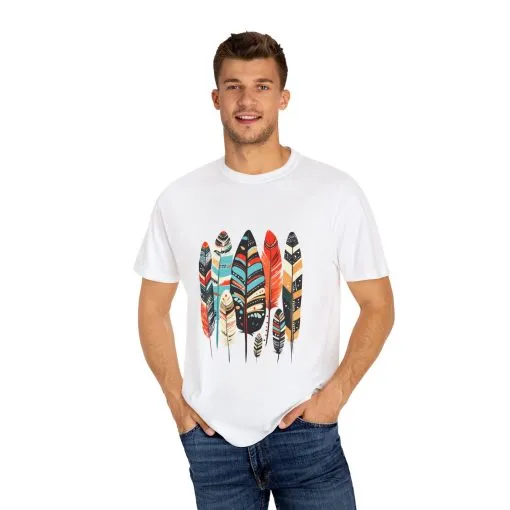 Colorful feather t-shirt with bohemian feather print, artistic tribal feather design tee, unisex boho chic feather graphic t-shirt on white fabric.