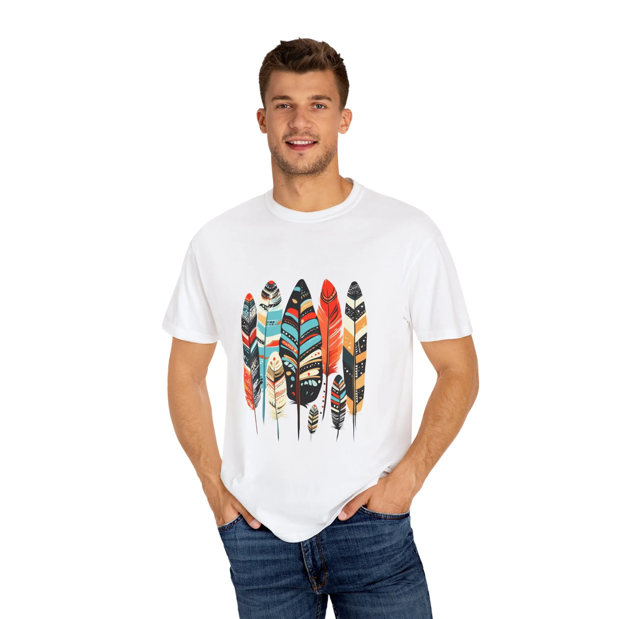Colorful feather t-shirt with bohemian feather print, artistic tribal feather design tee, unisex boho chic feather graphic t-shirt on white fabric.