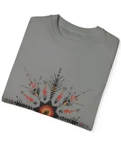 Boho chic nature t-shirt with geometric tribal design, artistic mandala print tee, unisex garment-dyed earthy tone t-shirt, bohemian festival fashion t-shirt.
