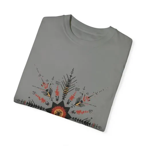 Boho chic nature t-shirt with geometric tribal design, artistic mandala print tee, unisex garment-dyed earthy tone t-shirt, bohemian festival fashion t-shirt.