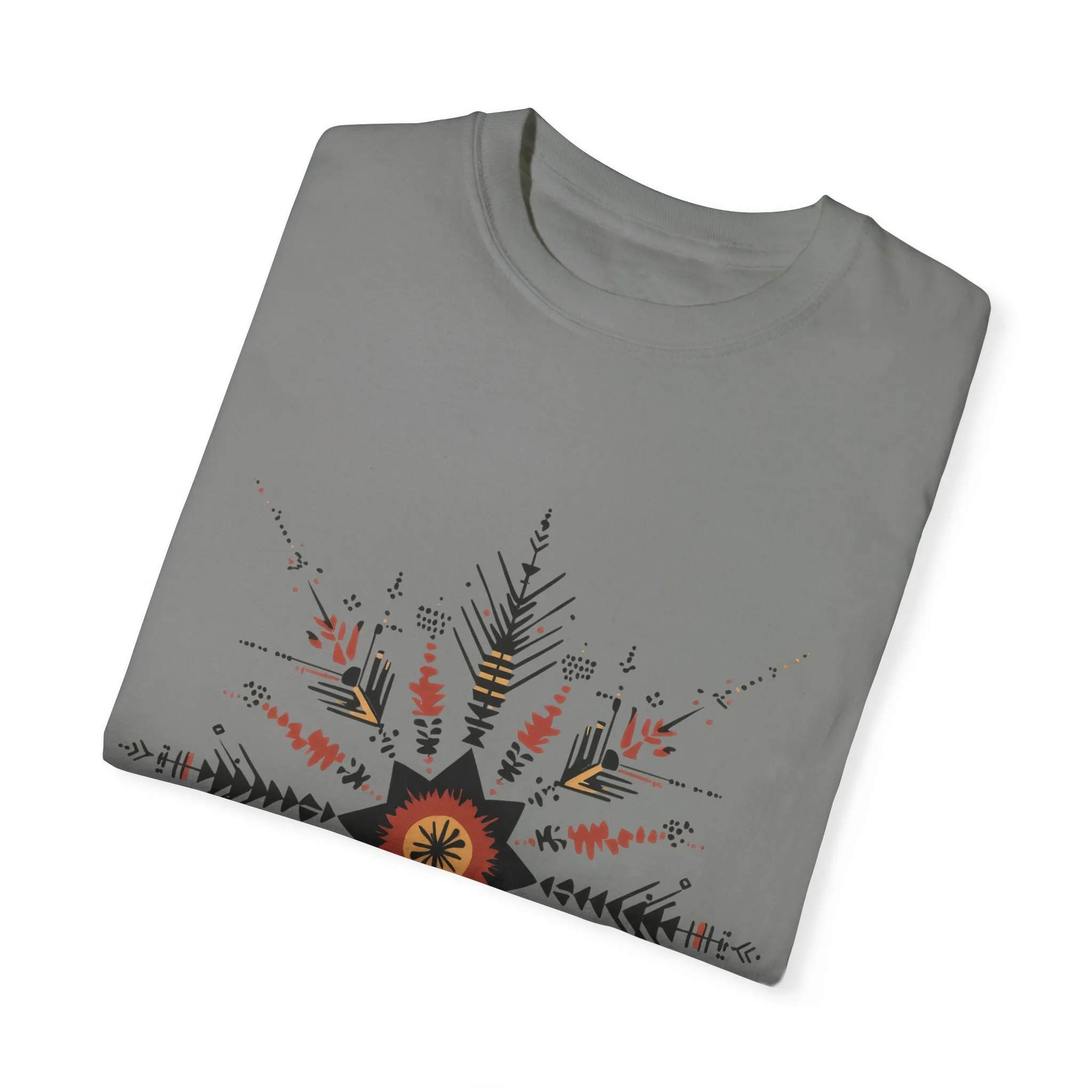 Boho chic nature t-shirt with geometric tribal design, artistic mandala print tee, unisex garment-dyed earthy tone t-shirt, bohemian festival fashion t-shirt.