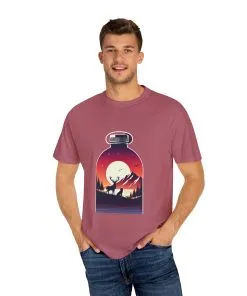 Adventure mountain t-shirt with deer and nature print, eco-friendly outdoor t-shirt, scenic wildlife graphic tee, unisex nature lover’s t-shirt.