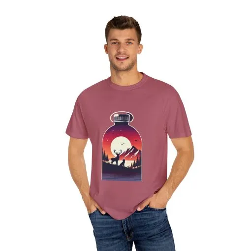 Adventure mountain t-shirt with deer and nature print, eco-friendly outdoor t-shirt, scenic wildlife graphic tee, unisex nature lover’s t-shirt.