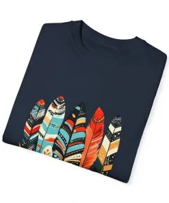 Colorful feather t-shirt with bohemian feather print, artistic tribal feather design tee, unisex boho chic feather graphic t-shirt on white fabric.