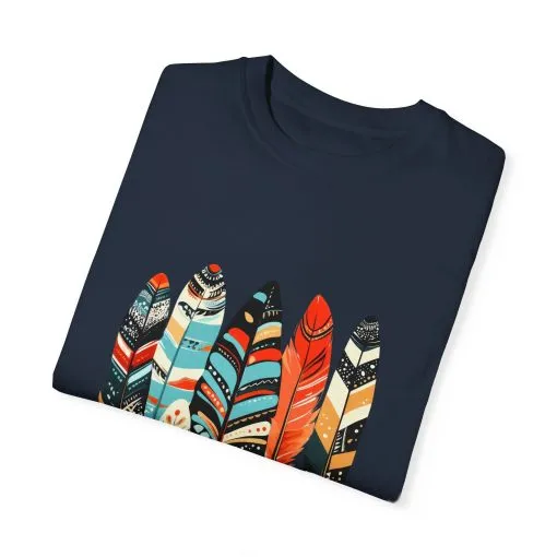 Colorful feather t-shirt with bohemian feather print, artistic tribal feather design tee, unisex boho chic feather graphic t-shirt on white fabric.