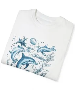 Ocean friends t-shirt with dolphin and octopus print, unisex marine life graphic tee, underwater world sea life t-shirt, nautical wildlife beachwear shirt.