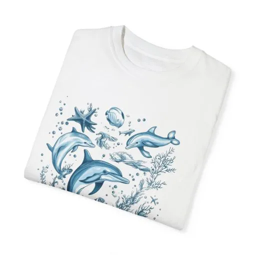 Ocean friends t-shirt with dolphin and octopus print, unisex marine life graphic tee, underwater world sea life t-shirt, nautical wildlife beachwear shirt.