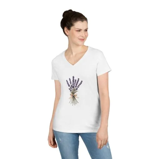 Lavender Bouquet Ladies' V-Neck T-Shirt – Feminine Floral Tee for Spring and Summer