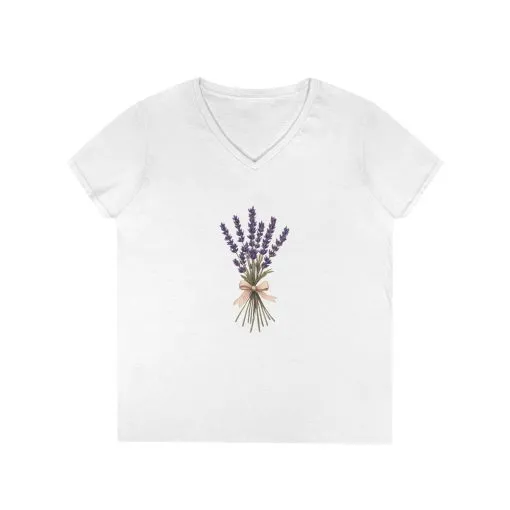 Lavender Bouquet Ladies' V-Neck T-Shirt – Feminine Floral Tee for Spring and Summer - Image 2