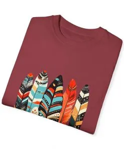 Colorful feather t-shirt with bohemian feather print, artistic tribal feather design tee, unisex boho chic feather graphic t-shirt on white fabric.
