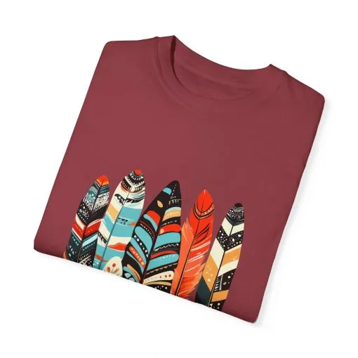 Colorful feather t-shirt with bohemian feather print, artistic tribal feather design tee, unisex boho chic feather graphic t-shirt on white fabric.