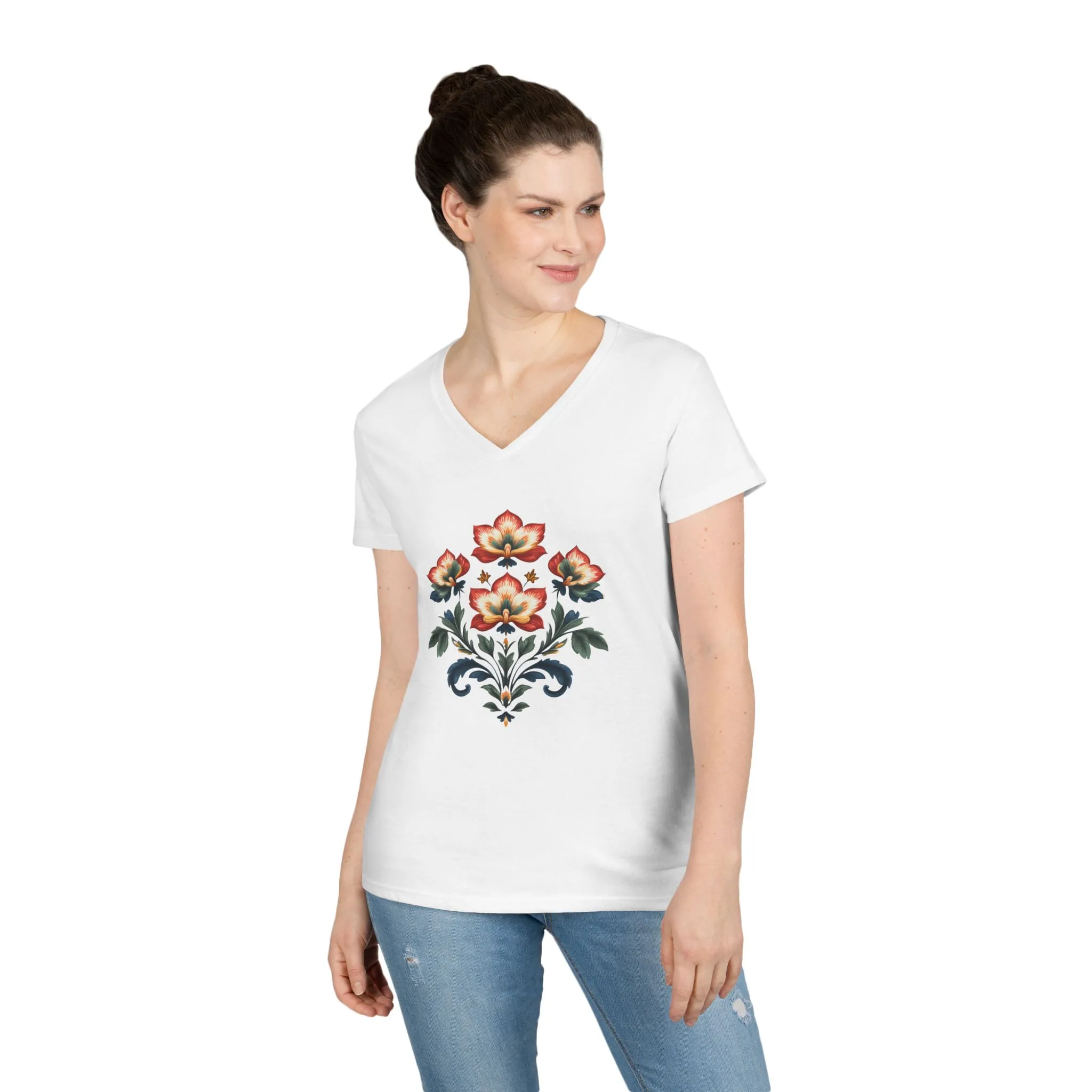 Floral Ladies' V-Neck T-Shirt - Elegant Bloom Design for Everyday Style