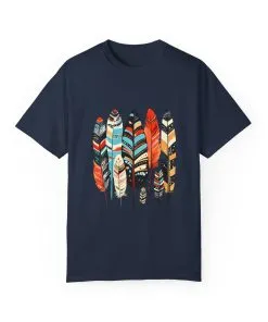 Colorful feather t-shirt with bohemian feather print, artistic tribal feather design tee, unisex boho chic feather graphic t-shirt on white fabric.