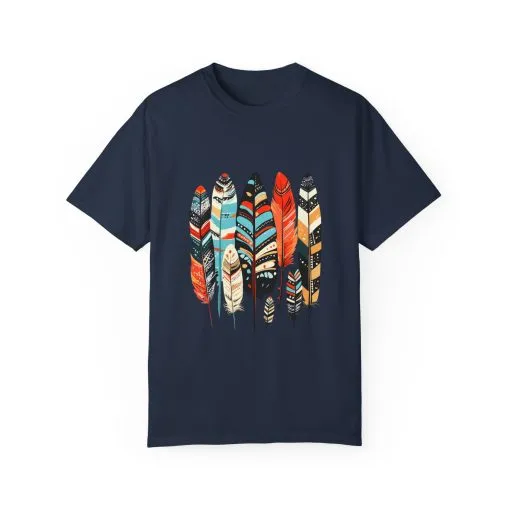 Colorful feather t-shirt with bohemian feather print, artistic tribal feather design tee, unisex boho chic feather graphic t-shirt on white fabric.