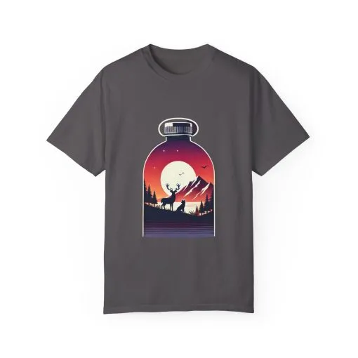 Adventure mountain t-shirt with deer and nature print, eco-friendly outdoor t-shirt, scenic wildlife graphic tee, unisex nature lover’s t-shirt.