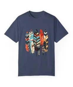 Colorful feather t-shirt with bohemian feather print, artistic tribal feather design tee, unisex boho chic feather graphic t-shirt on white fabric.