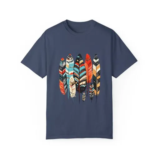 Colorful feather t-shirt with bohemian feather print, artistic tribal feather design tee, unisex boho chic feather graphic t-shirt on white fabric.