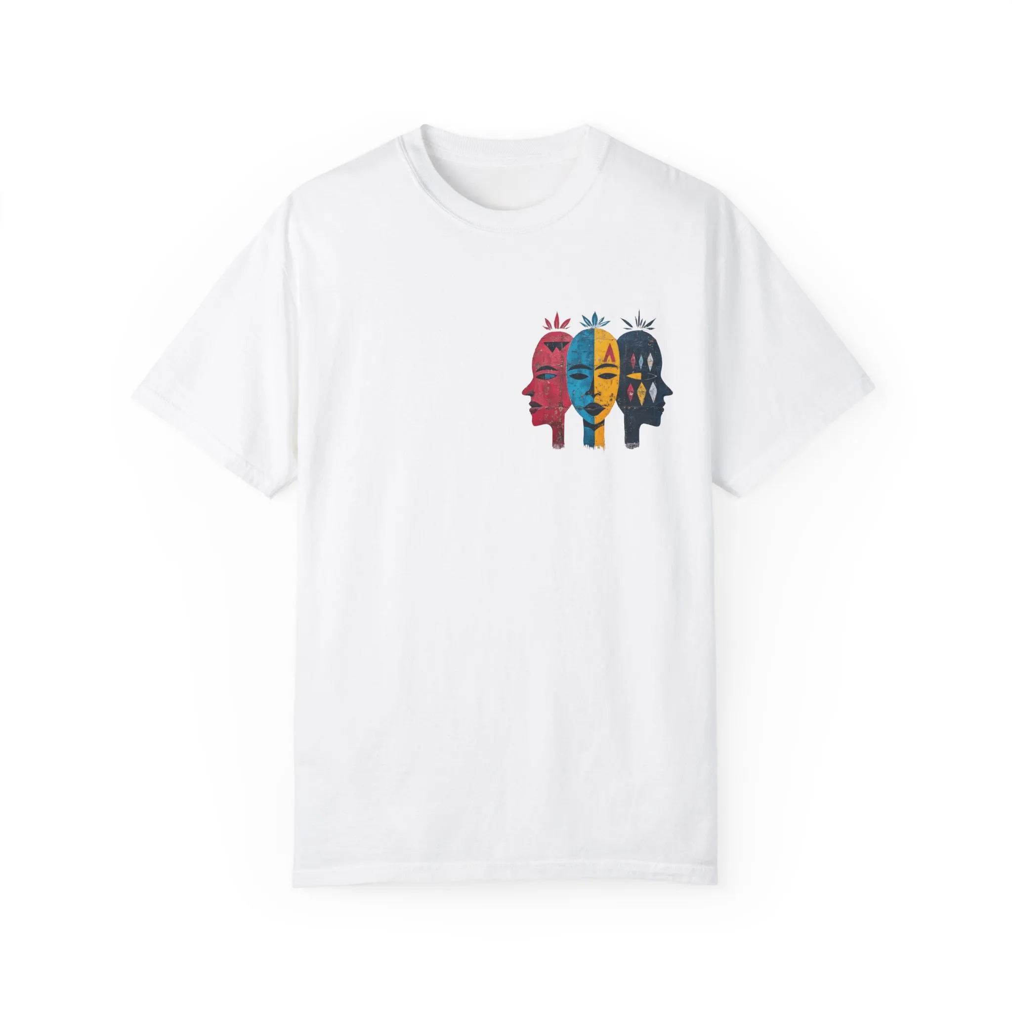Vibrant Unisex Garment-Dyed T-Shirt with African Masks Design - Image 2