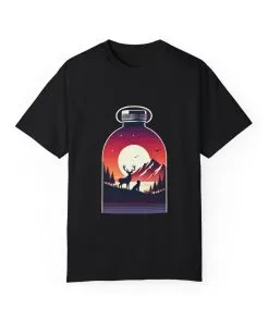 Adventure mountain t-shirt with deer and nature print, eco-friendly outdoor t-shirt, scenic wildlife graphic tee, unisex nature lover’s t-shirt.